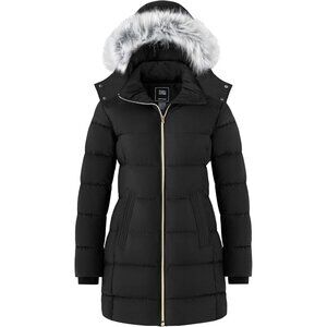 Women's Removable Hood Winter Warm Black Quilted Puffer Jacket Coat Length